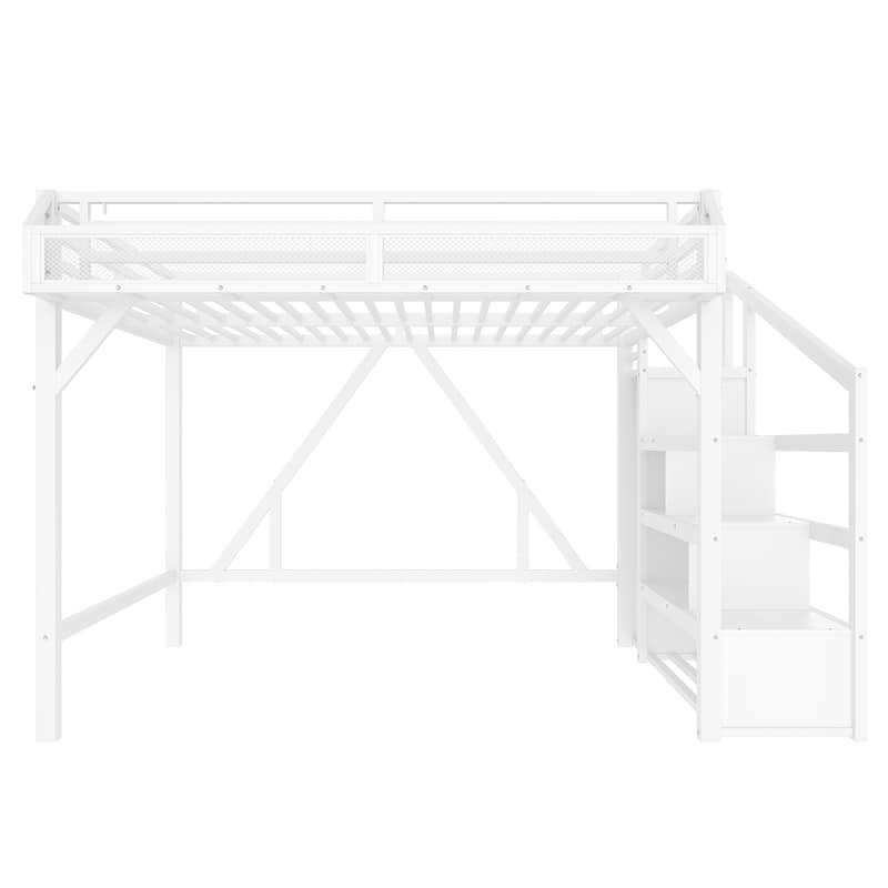 Queen Loft Bed with Storage Stairs, Shelves and Built-in Wardrobe, with USB Ports and LED Lights, Noise-reduced Design