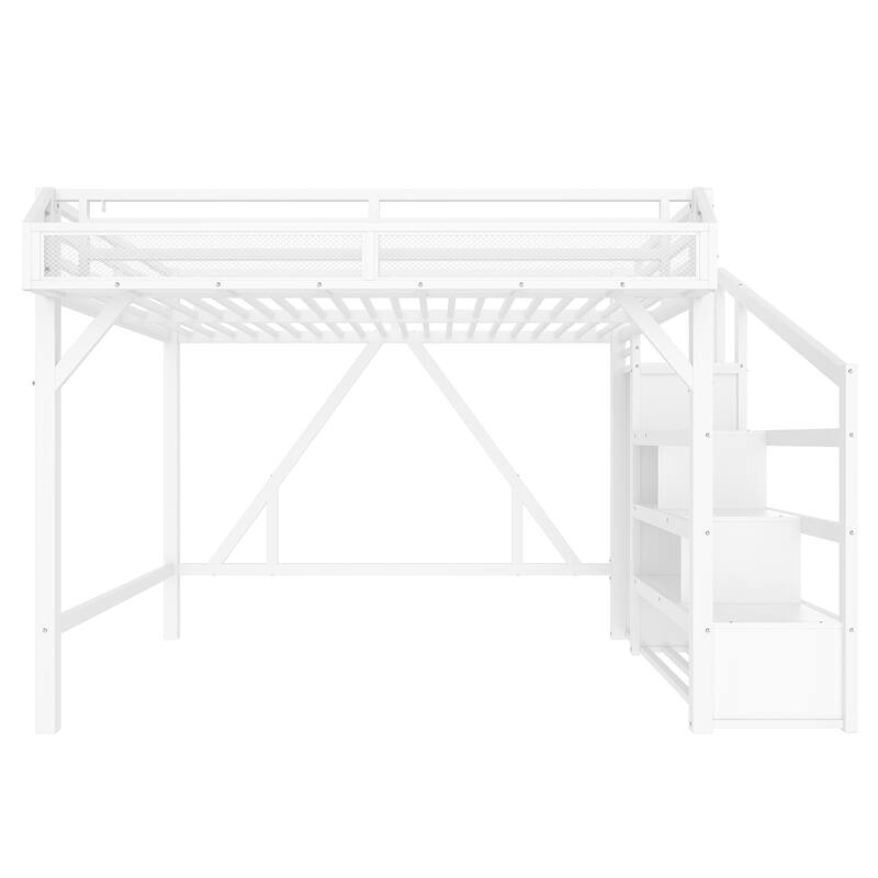 Roomfitters Metal Loft Bed with Wardrobe and Storage Stairs, LED Lights and USB