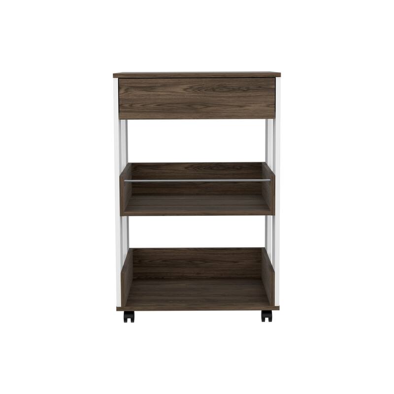 White and Dark Walnut 1-Drawer 2-Shelf Kitchen Cart with Caster