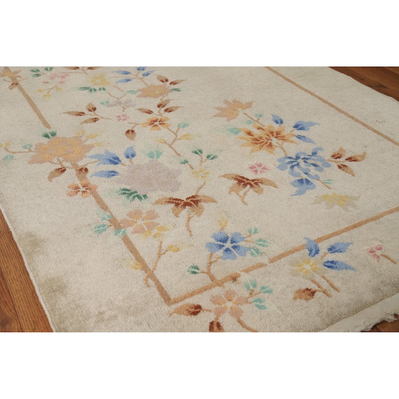 Hand Knotted Oriental 100% Wool Carpet Traditional Floral Beige & Ivories Art Deco Runner Rug - 11' 8'' X 3' 0''