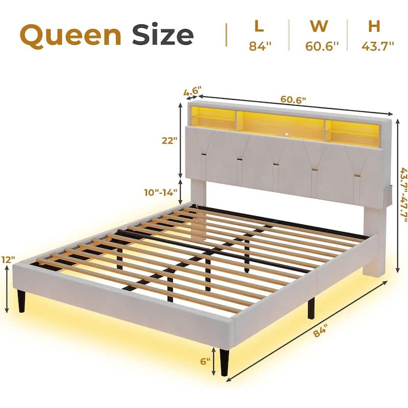 Bed Frame Storage Headboard RGB LED Lights Upholstered Platform