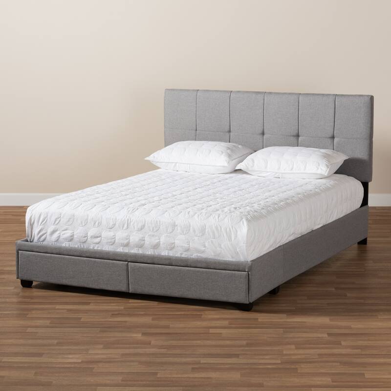 Queen Size Storage Bed with Drawers - Fabric Upholstered Platform Bed Frame - Grey, 2 Drawer