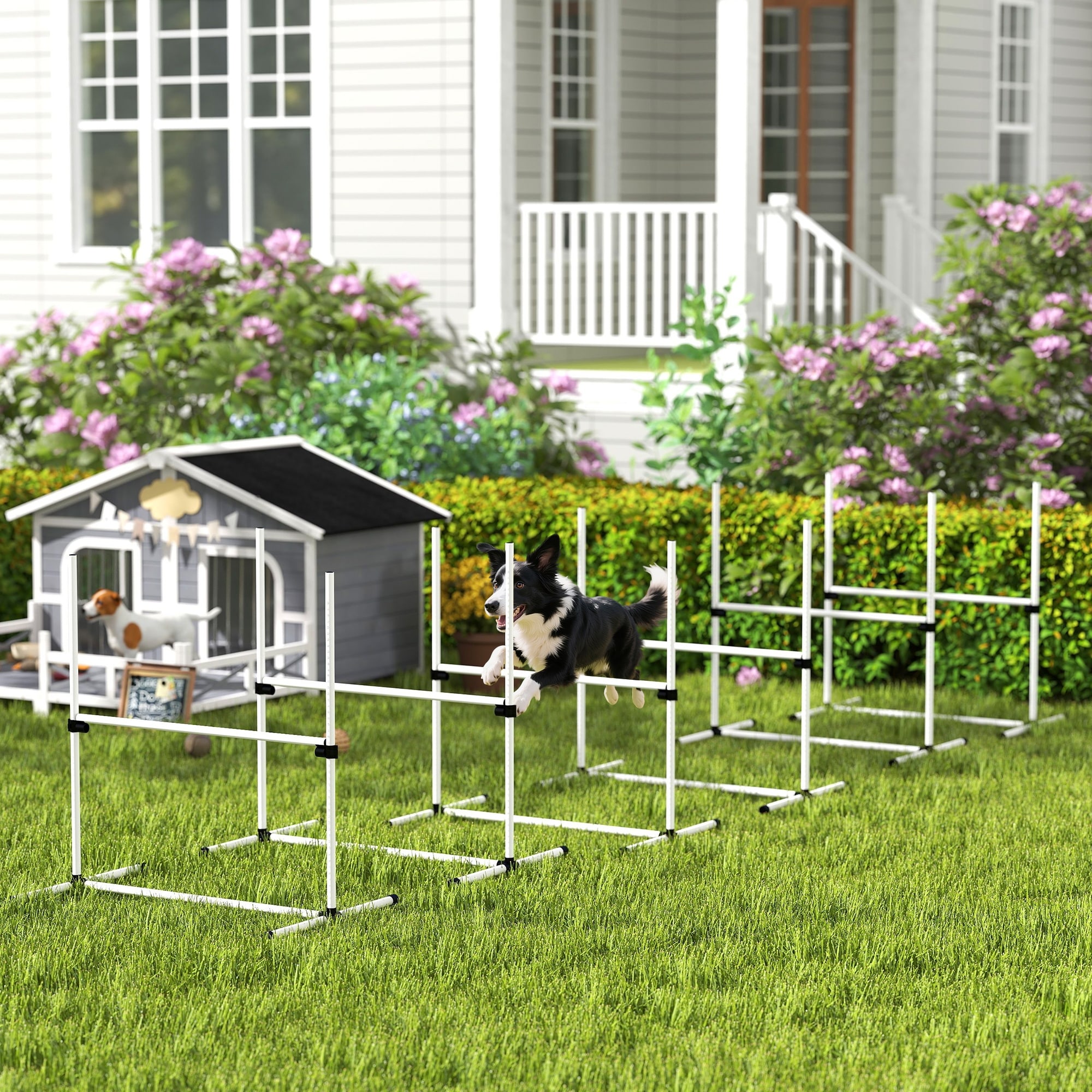 PawHut 6 Piece Dog Agility Training Equipment with Adjustable Height Jump Bars, Included Carry Bag, & Displacing Top Bar, White