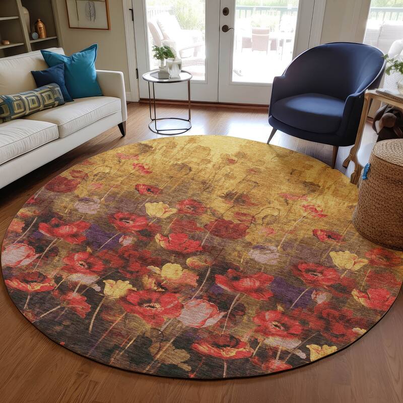 Machine Washable Indoor/ Outdoor Modern Floral Chantille Rug - Gold - 8' x 8'