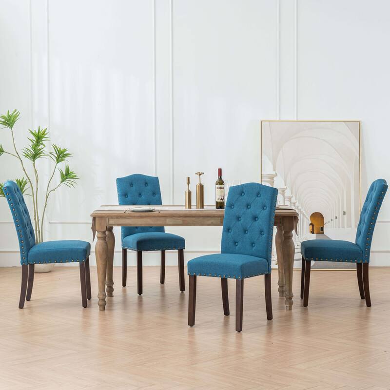 Fabric Upholstered Tufted Dining Chairs with Nailhead Trim Set of 4 - Blue