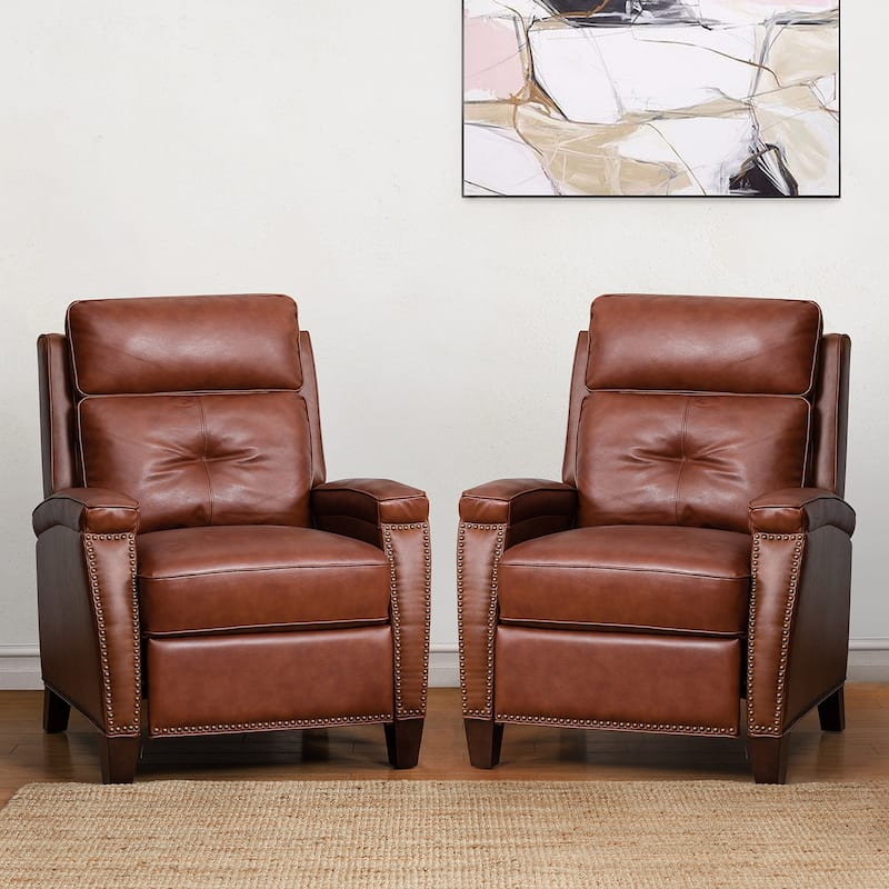 Gaspar Mid-Century Modern Genuine Leather Pushback Recliner with Wood legs Set of 2 by HULALA HOME