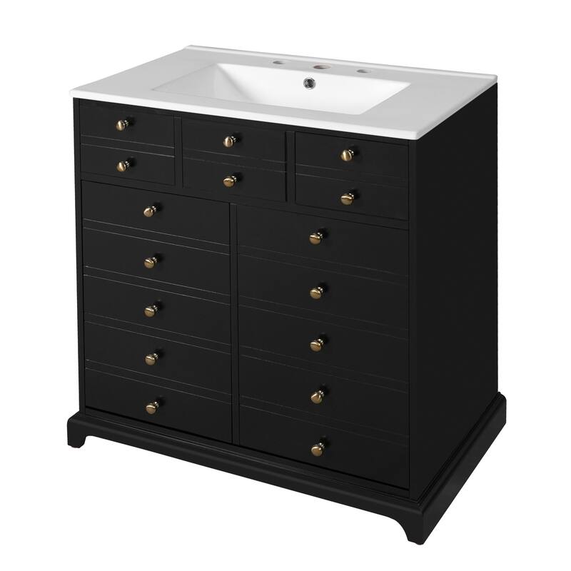 30'' Solid Wood Bathroom Vanity with Ceramic Sink Combo, Freestanding Vanity Set with 2 Drawers& Soft Closing Doors, Black