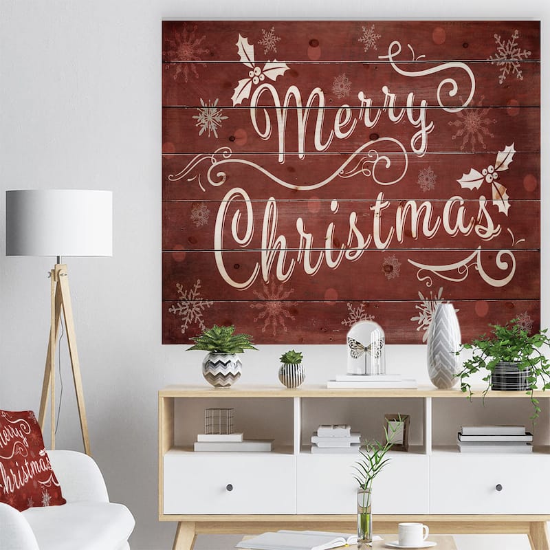 Designart 'Merry Christmas Season Greetings on Red' Print on Natural Pine Wood - Red