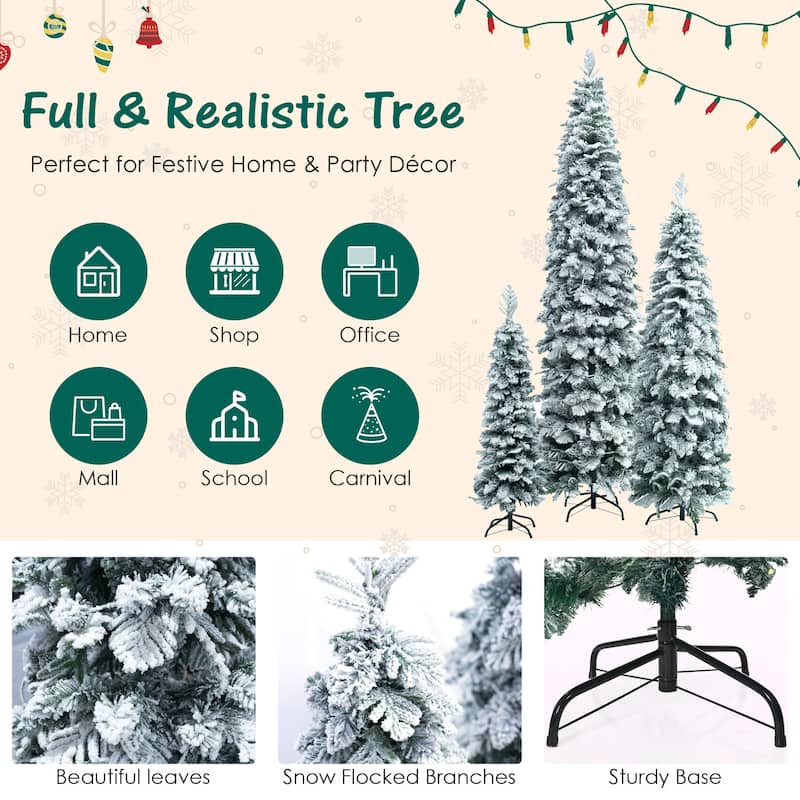 8FT, 6FT, 4FT Pre-Lit Pencil Christmas Trees, Set of 3 Flocked Fir Slim Christmas Trees, 290 LED Lights with 11 Lighting Modes