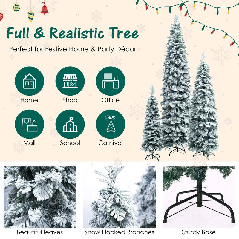 Set of 3 Pre-Lit Pencil Christmas Trees 4ft 6ft 8ft, Flocked Slim Fir, 290 LED Lights, 11 Modes