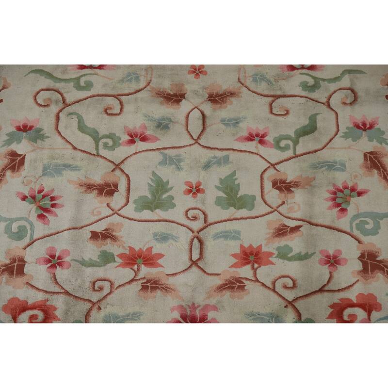 Hand Knotted Oriental 100% Wool Carpet Traditional Floral Green Art Deco Area Rug - 9' 8'' X 7' 11''