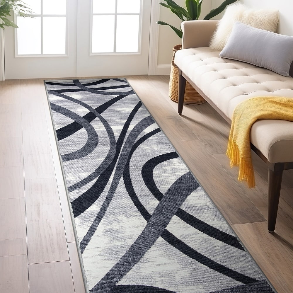 Contemporary Distressed Abstract Lines Non Slip Area Rug