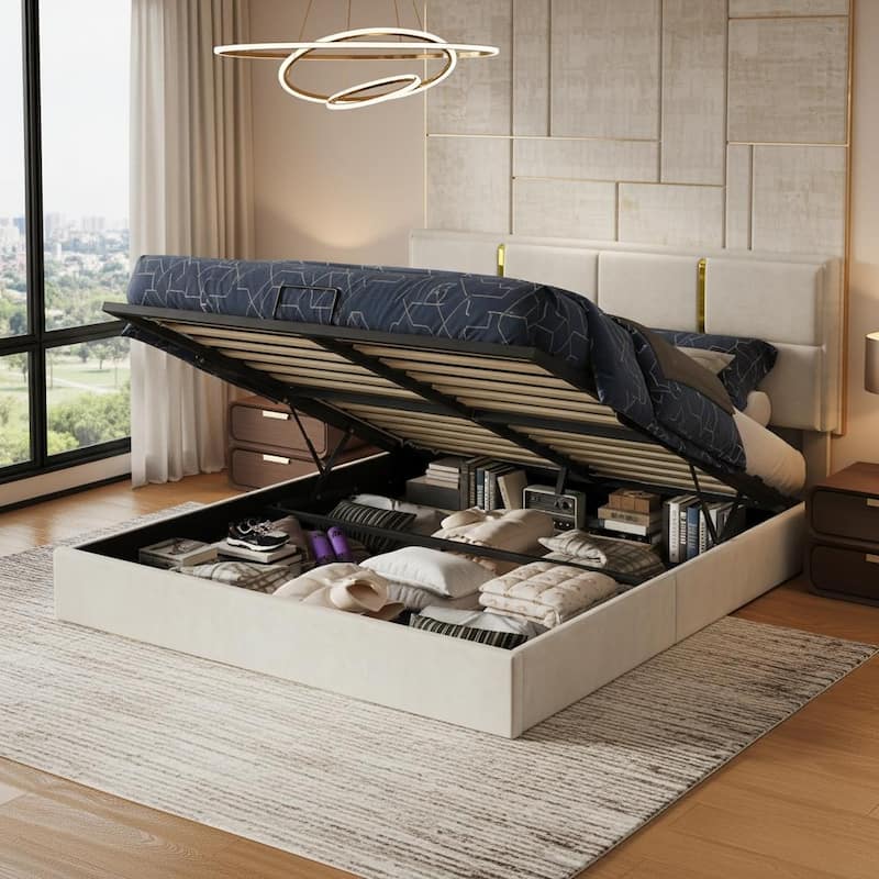 Luxury Lift-Up Queen Upholstered Platform Frame with Hydraulic Storage and Modern Gold Accents by Harper&Bright Designs - Beige