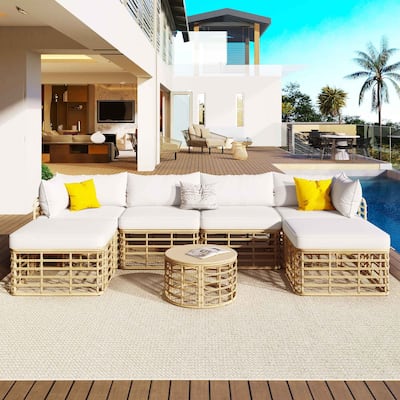 7-Piece Outdoor Rattan Patio Furniture Set with Cushions and Coffee Table