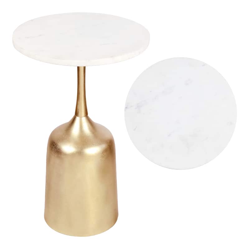 JONATHAN Y Pip 20.25″ Metal Drink, End Table w/ White Marble Round Top & Bell Pedestal Base - Antique Gold