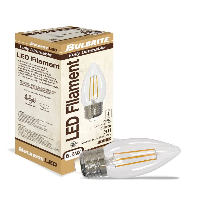 Bulbrite LED Filament Pack of (4) 5.5 Watt Dimmable B11 Light Bulbs with Clear Glass Finish and Medium (E26) Base - 3000K