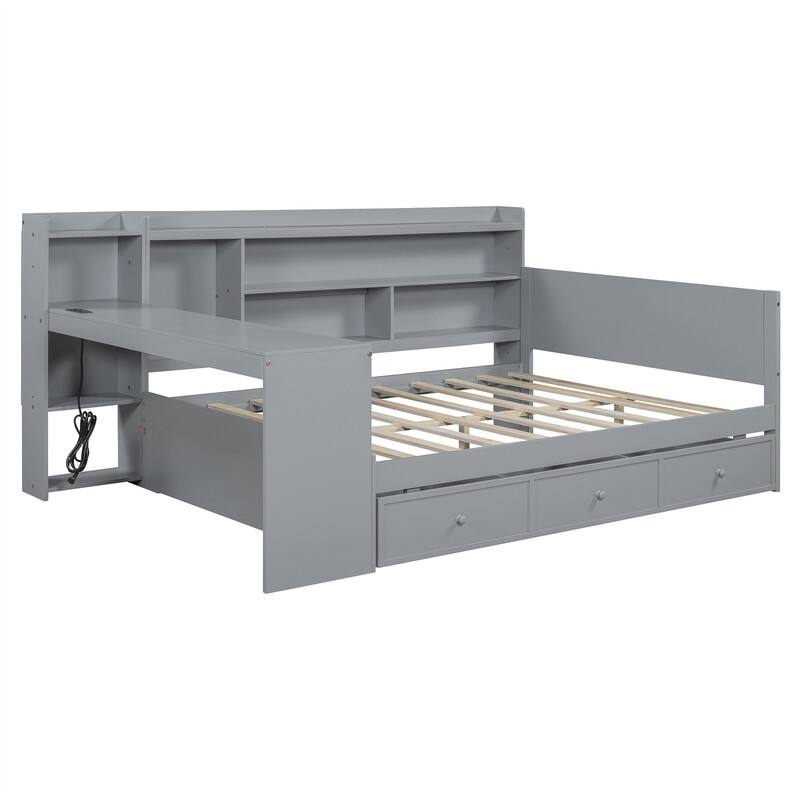 Twin/Full Daybed with 3 Storage Drawers and Bedside Desk, Wooden Day Bedframe Sofa Bed with Storage Shelves and USB Ports