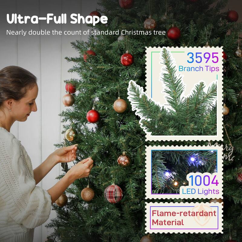 HOMCOM 9ft Smart Prelit Xmas Tree: Full-Spectrum RGB, App/Remote, Hinged, Easy Assembly, Green