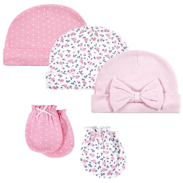 slide 1 of 1, Hudson Baby Infant Girl Cotton Cap and Scratch Mitten Set, Blue Pink Floral, 0-6 Months - Blue Pink Floral 5-Pack Blue Pink Floral 5-Pack - 0-6 Months