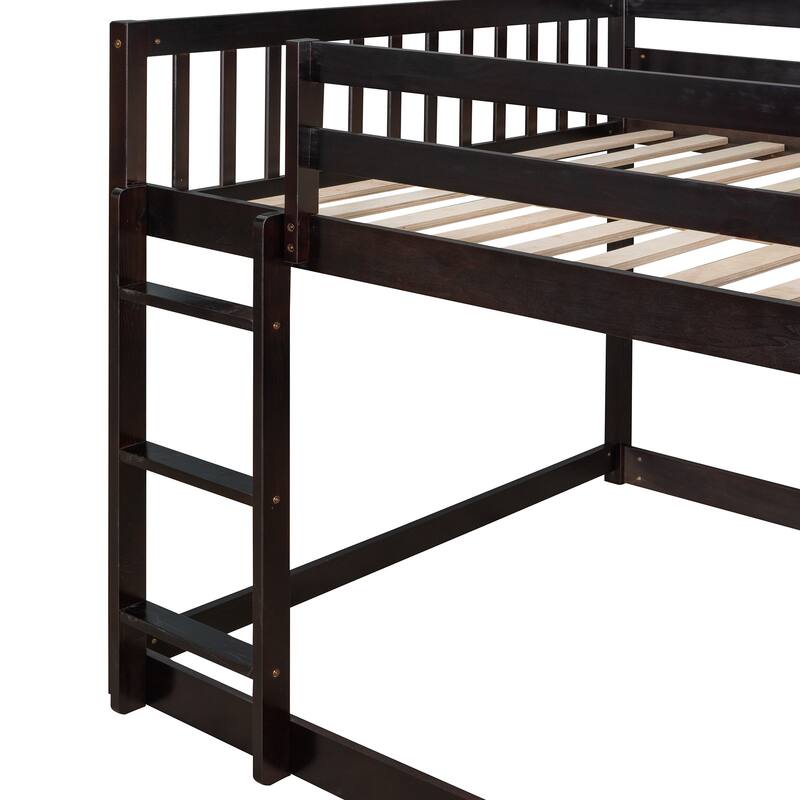 Floor Bunk Bed with Movable Storage Cabinet, Solid Wood Bunkbeds Frame