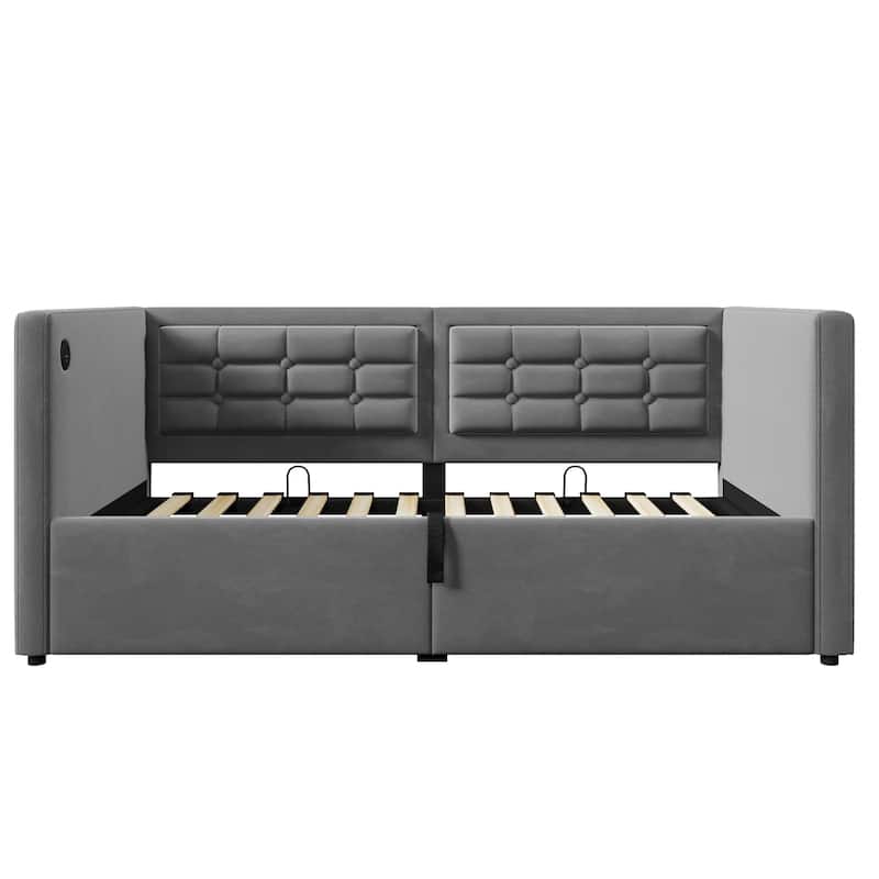Velvet Tufted Upholstered Daybed Hydraulic Storage Twin Bed Frame with USB & Type-C Charging, Side Pockets and Wooden Slats