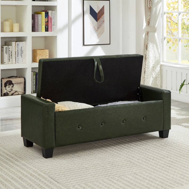 Tufted Faux Leather Storage Ottoman Bench for Bedroom, Living Room & Hallway, 48" Multifunctional Upholstered End of Bed Bench