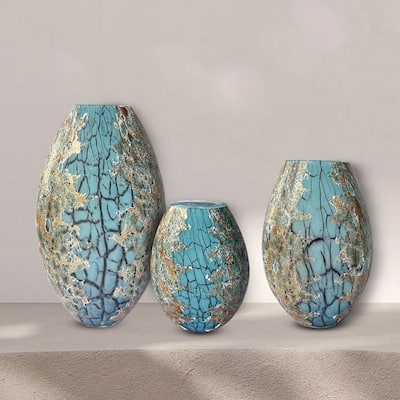 Set of Three Teal Handblown Glass Oval Vases