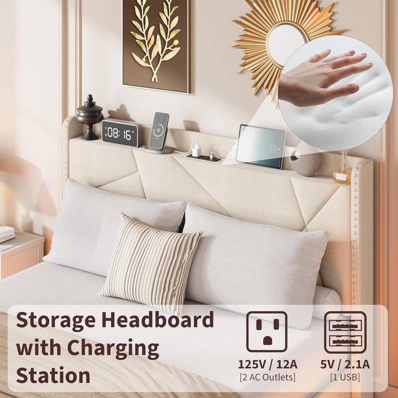 Full/Queen Floating Bed Frame with LED Lights & Charging Station, Upholstered Platform Beds with Storage Headboard