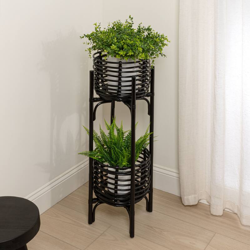 JONATHAN Y Zachariah 33.5" Bohemian Minimalist Handmade 2-Tier Rattan Indoor Planter Stand