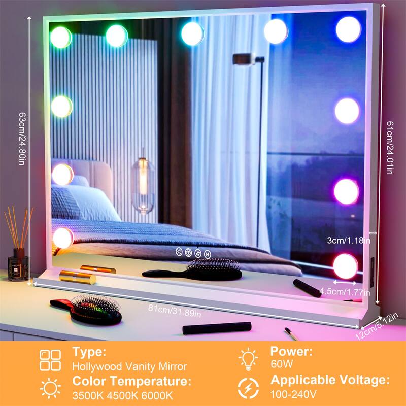 Hollywood LED Makeup Mirror Desktop Bluetooth RGB Vanity Mirror with USB Charging Port