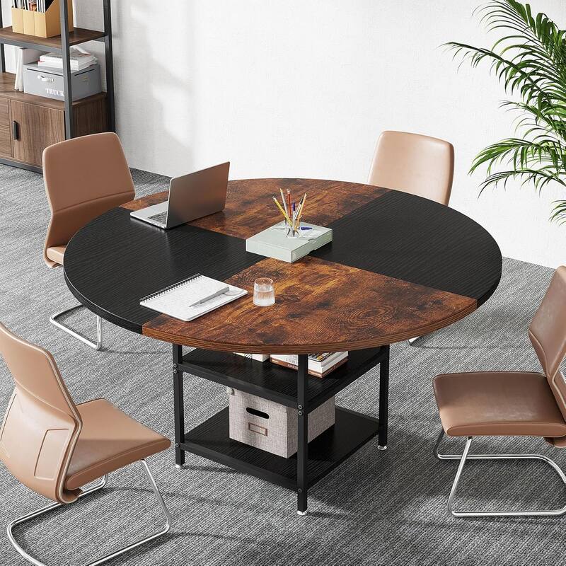 47-Inch Round Wood Conference Table with Storage Shelf Office Training Desk for Conference/Seminar Room