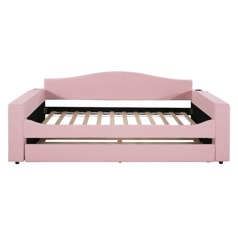 Teddy Fleece Upholstered Daybed with Bluetooth Audio System, Control Panel on Storage Armrests , Wood Panel Bed w/Trundle Bed