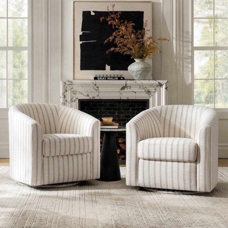 Cuenca Modern Living Room Wooden Upholstered 360° Swivel Barrel Chair with Metal Base and Wide Backrest