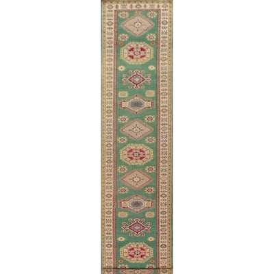 Green Kazak Runner Rug Hand-Knotted Wool Carpet - 2'8" x 16'3"