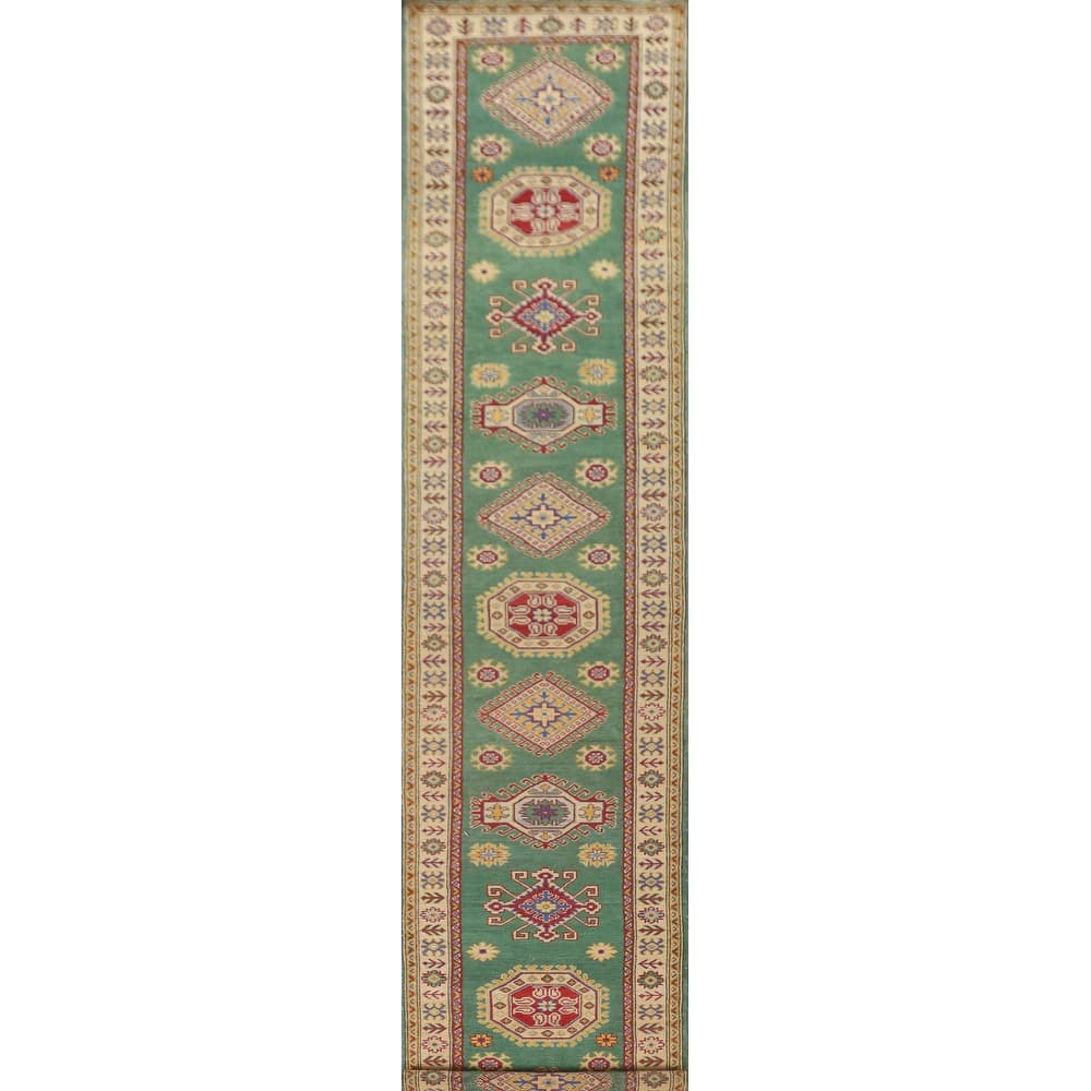 Green Kazak Runner Rug Hand-Knotted Wool Carpet - 2'8" x 16'3"