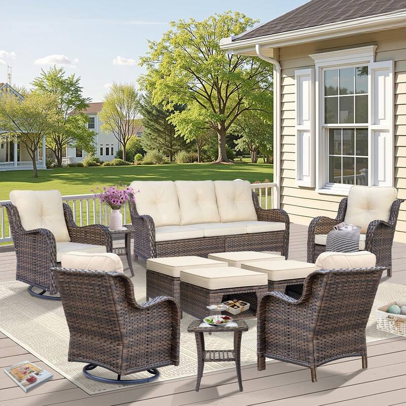 11 Piece Outdoor Brown Wicker Patio Conversation Sets with Swivel Chair - Cream