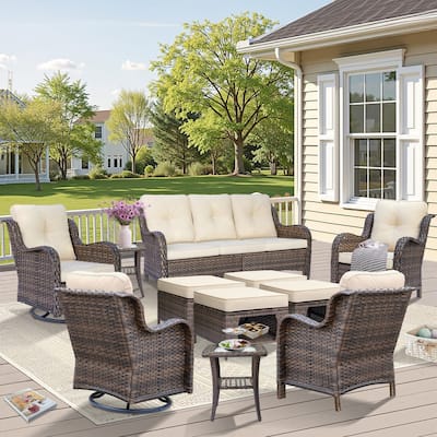 11 Piece Outdoor Brown Wicker Patio Conversation Sets with Swivel Chair