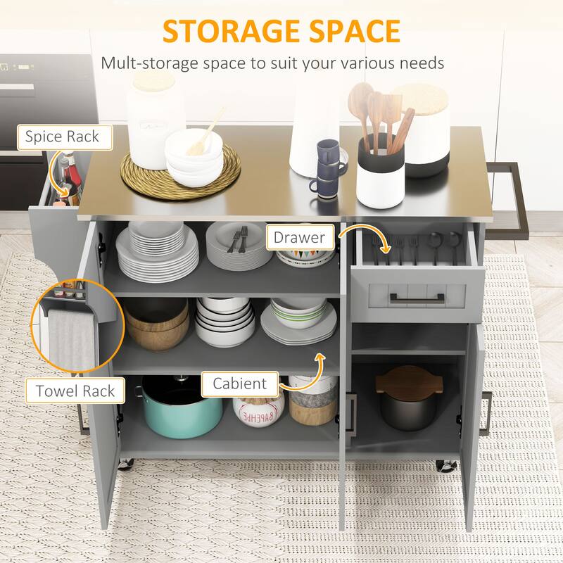 Grey-Silver MDF Kitchen Island Cart with Stainless Steel Top and Wheels - 50.5" W x 18" D x 36" H