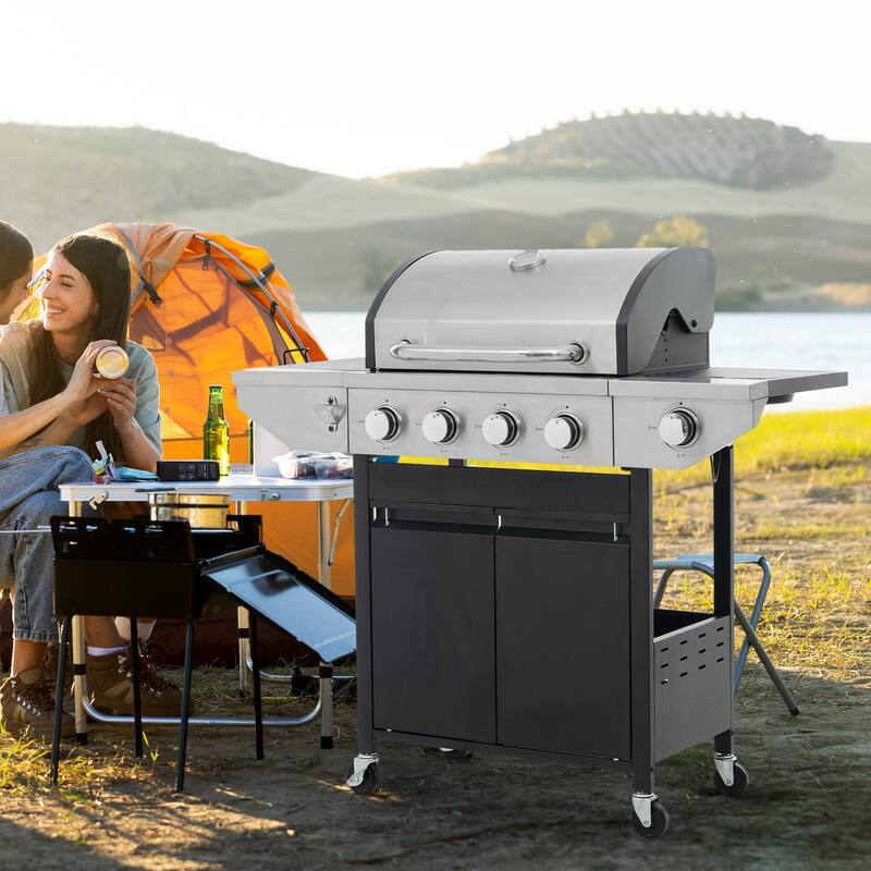 Propane Grill 4 Burner Barbecue Grill Stainless Steel Gas Grill with Side Burner, for Outdoor Cooking Patio, Garden