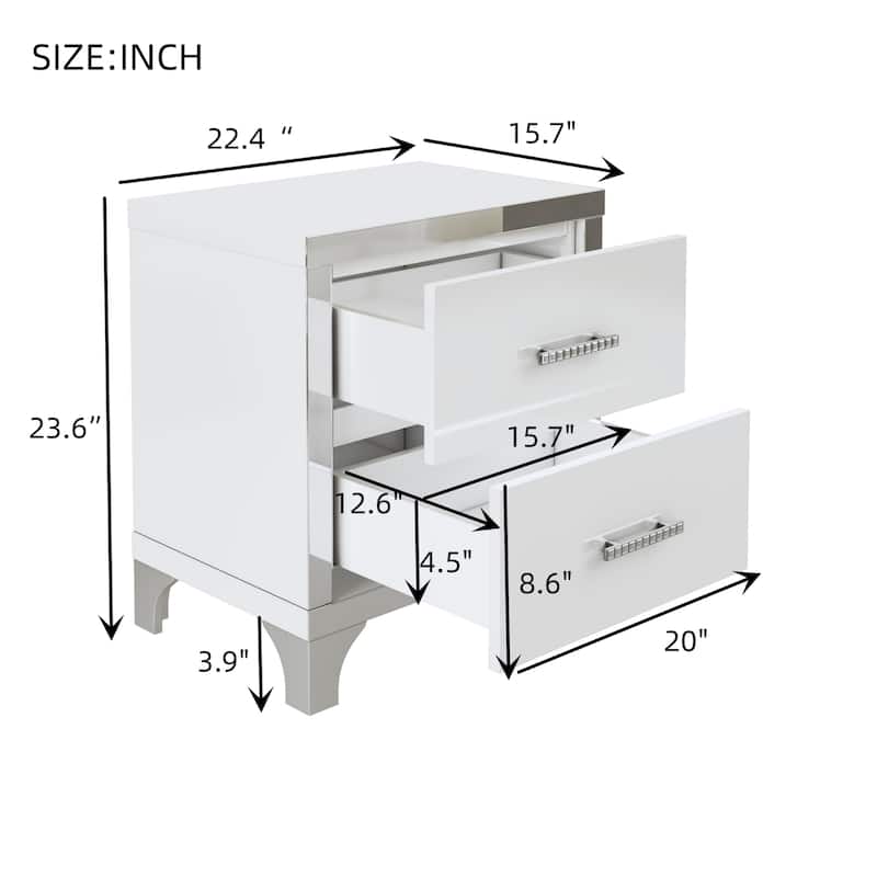 Elegant High Gloss Nightstand with 2 Drawers for Bedroom,Living Room