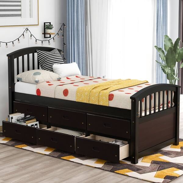 slide 2 of 19, Twin Size Platform Bed Wood Kids Storage Bed with 6 Storage Drawers and Slatted Frame Espresso