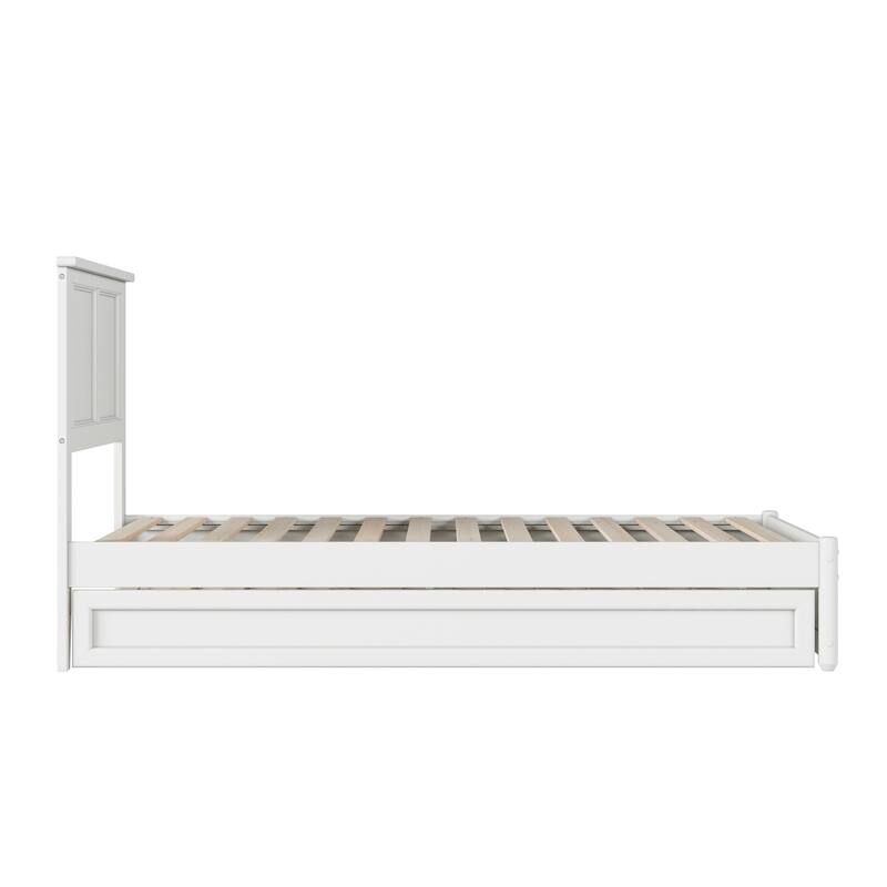 Twin Bed with Trundle & Panel Headboard - White Platform Bed Frame with Storage