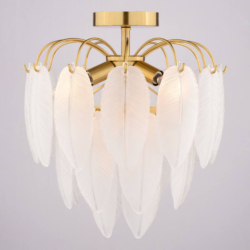 Burbank 4-Light Muted Gold Brass Waterfall Semi Flush Mount Lighting Ceiling Fixture, White Leaf Glass Shade Entryway