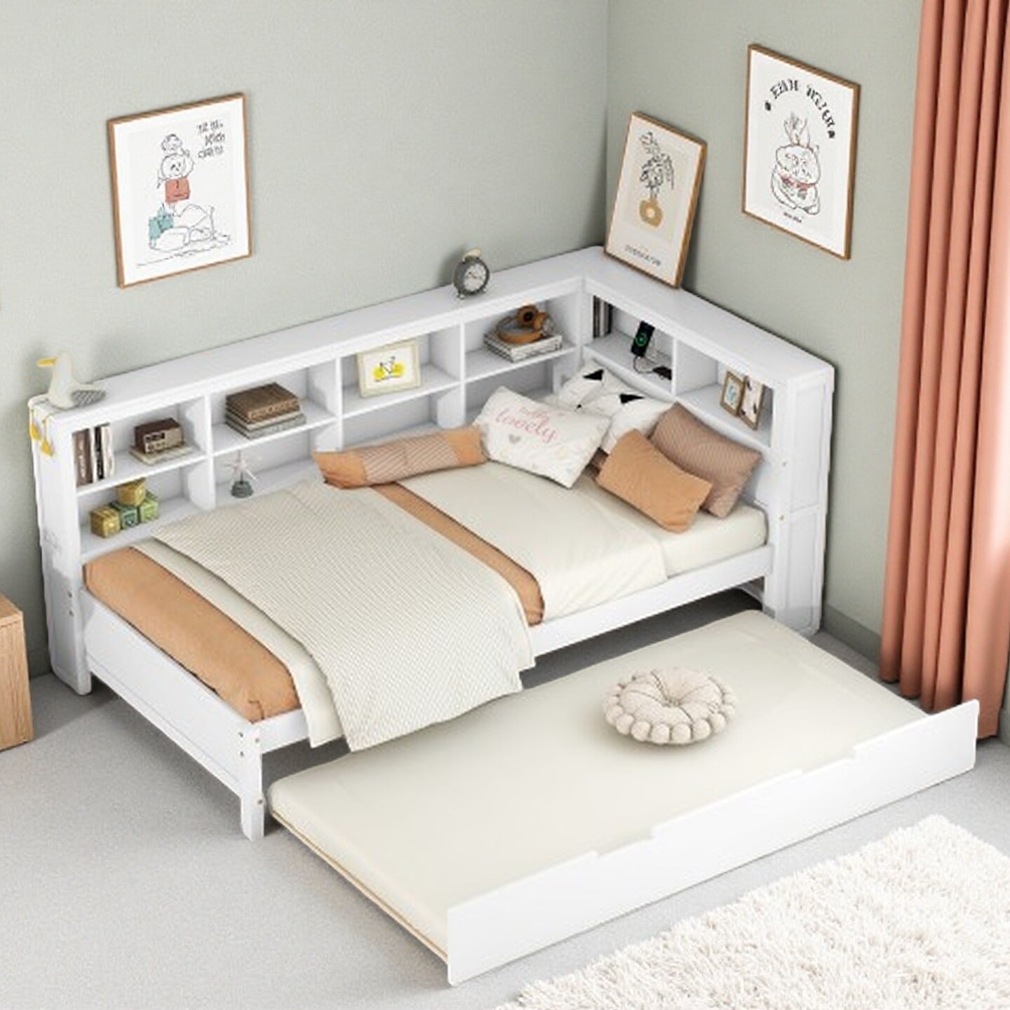 Twin Size Wooden DayBed with Pull-Out Trundle, Storage Shelves, and USB Charging Station, Pine Wood Frame
