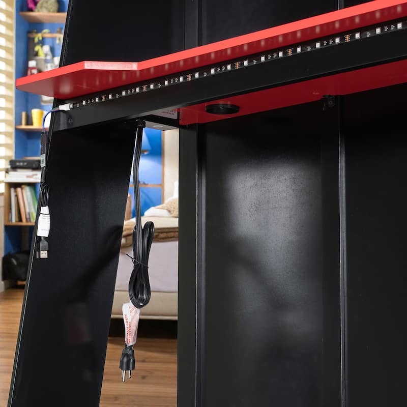 L-Shaped Twin Gaming Bed Frame with RGB LED Lights, USB Ports, TV Stand, Storage Shelves & Reversible Loft Design