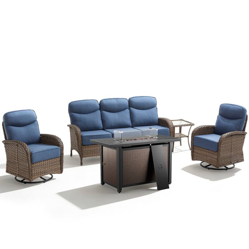 Luna 5-Piece Wicker Outdoor Patio Fire Pit Sofa Set with 6-Inch Thick Cushions