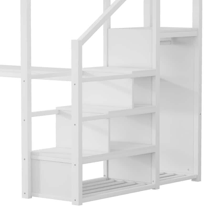 Iron Loft Bed Frame with Desk, Charging Station, Bedside Shelf and Wardrobe, Heavy Duty Metal Loftbed with LED Lights