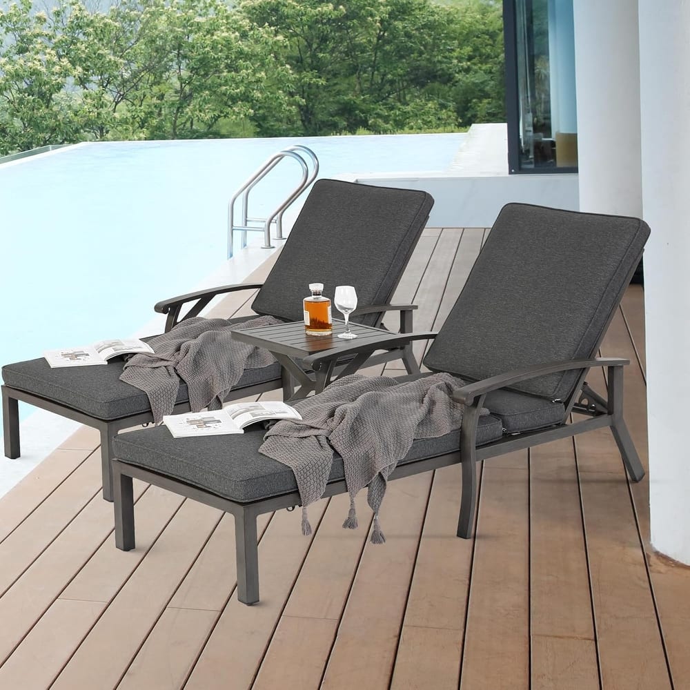 HOMEFUN 3-Piece Outdoor Aluminum Reclining Chaise Lounge (set of 2)with Table and Cushions