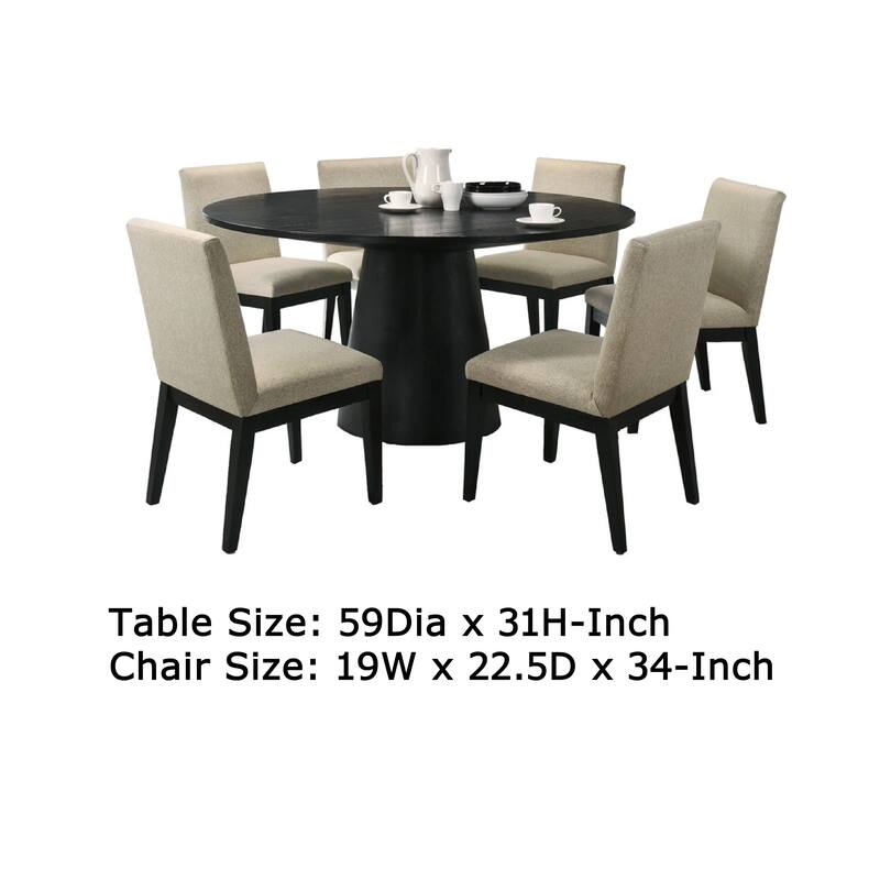 Bili 7pc 59 Inch Round Dining Table Set w 6 Beige Chairs, Black Wood