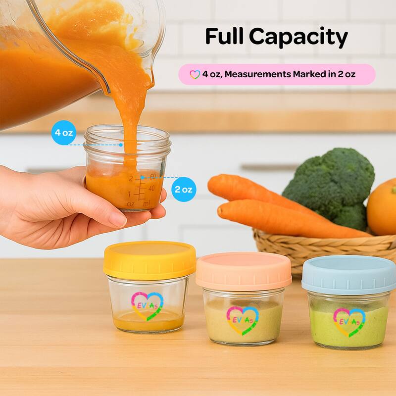 EVLA’s Baby Food Containers 12-Pack - BPA-Free Dishwasher Safe 4oz Glass Baby Food Jars with Lids - Multi-colored
